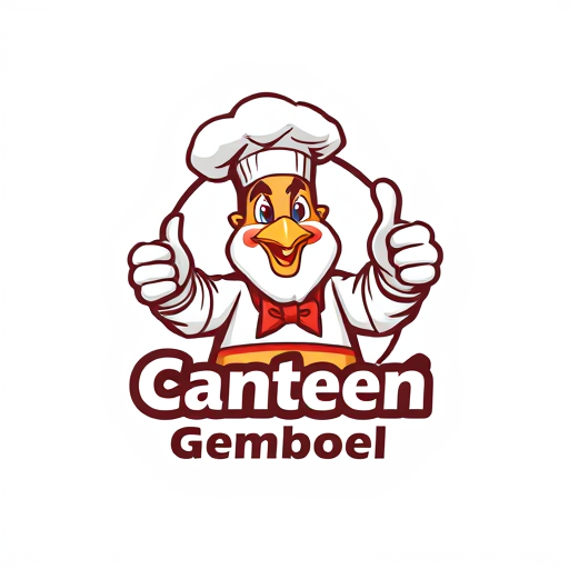 AI Design for change to chef became like cartoon with commercial acting and the name of logo is Canteen Gemboel. Change the face with chicken and the text must be correct Canteen Gemboel the maskot change instead using thumbs up and the looks from right side