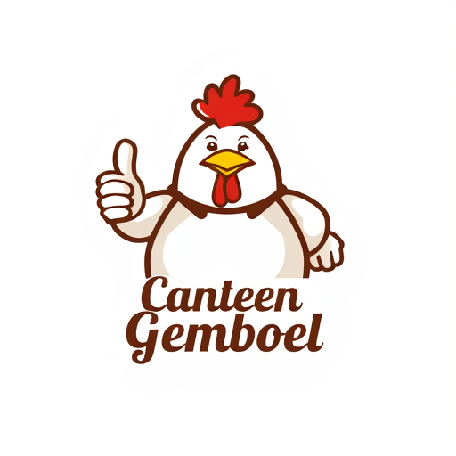 AI Design for make a human-like logo with a chicken face and a fat person. The pose is just a thumbs up in one of his hands with his body positioned facing the right side. For the writing in the logo is “Canteen Gemboel” the writing must be the same as that. For the writing, please make it aesthetic but clear. This logo is used for selling in a stall