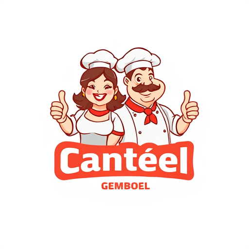 AI Design for change to chef became like cartoon with commercial acting and the name of logo is Canteen Gemboel. Change the face with chicken and the text must be correct Canteen Gemboel. the maskot change instead using thumbs up and the looks from right side. Make simple but looks good. The thumbs up just one hand. And proporation of size text is like 3:2. In Logo have 2 people with have looks fat stomach. The gender is woman and man and with face looks like chicken. Woman is Very Fat and The Man too. The Text must be correct Canteen Gemboel. Text Gemboel have similiar size with Canteen in logo