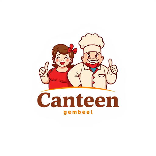 AI Design for change to chef became like cartoon with commercial acting and the name of logo is Canteen Gemboel. Change the face with chicken and the text must be correct Canteen Gemboel. the maskot change instead using thumbs up and the looks from right side. Make simple but looks good. The thumbs up just one hand. And proporation of size text is like 3:2. In Logo have 2 people with have looks fat stomach. The gender is woman and man and with face looks like chicken. Woman is Very Fat and The Man too. The Text must be correct Canteen Gemboel. Text Gemboel have similiar size with Canteen in logo