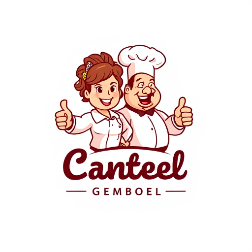 AI Design for change to chef became like cartoon with commercial acting and the name of logo is Canteen Gemboel. Change the face with chicken and the text must be correct Canteen Gemboel. the maskot change instead using thumbs up and the looks from right side. Make simple but looks good. The thumbs up just one hand. And proporation of size text is like 3:2. In Logo have 2 people with have looks fat stomach. The gender is woman and man and with face looks like chicken. Woman is Very Fat and The Man too. The Text must be correct Canteen Gemboel. Text Gemboel have similiar size with Canteen in logo