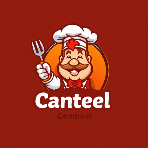 AI Design for change to chef became like cartoon with commercial acting and the name of logo is Canteen Gemboel. Change the face with chicken and the text must be correct Canteen Gemboel