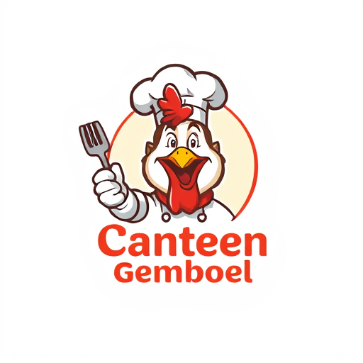 AI Design for change to chef became like cartoon with commercial acting and the name of logo is Canteen Gemboel. Change the face with chicken and the text must be correct Canteen Gemboel