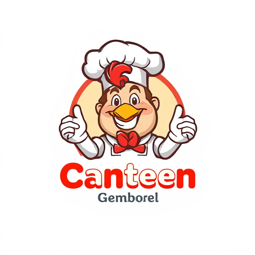 AI Design for change to chef became like cartoon with commercial acting and the name of logo is Canteen Gemboel. Change the face with chicken and the text must be correct Canteen Gemboel