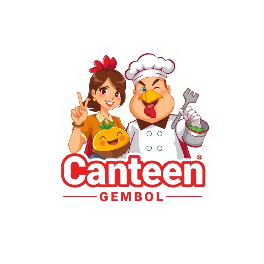 AI Design for change to chef became like cartoon with commercial acting and the name of logo is Canteen Gemboel. Change the face with chicken and the text must be correct Canteen Gemboel. the maskot change instead using thumbs up and the looks from right side. Make simple but looks good. The thumbs up just one hand. And proporation of size text is like 3:2. In Logo have 2 people with have looks fat stomach. The gender is woman and man and with face looks like chicken