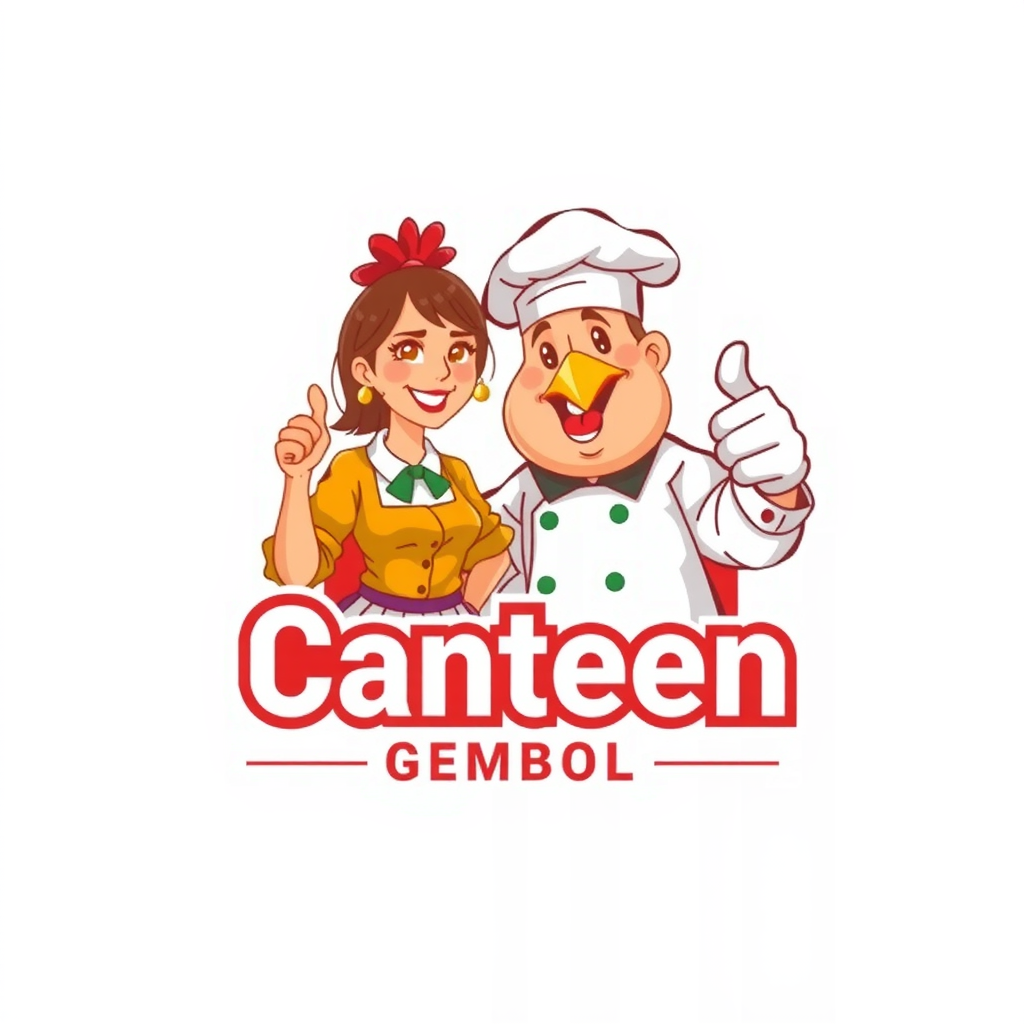 AI Design for change to chef became like cartoon with commercial acting and the name of logo is Canteen Gemboel. Change the face with chicken and the text must be correct Canteen Gemboel. the maskot change instead using thumbs up and the looks from right side. Make simple but looks good. The thumbs up just one hand. And proporation of size text is like 3:2. In Logo have 2 people with have looks fat stomach. The gender is woman and man and with face looks like chicken