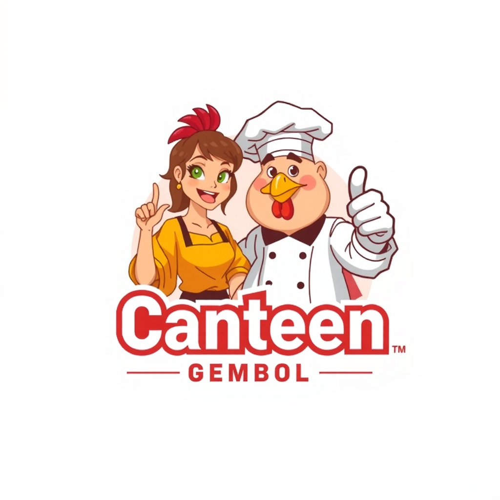 AI Design for change to chef became like cartoon with commercial acting and the name of logo is Canteen Gemboel. Change the face with chicken and the text must be correct Canteen Gemboel. the maskot change instead using thumbs up and the looks from right side. Make simple but looks good. The thumbs up just one hand. And proporation of size text is like 3:2. In Logo have 2 people with have looks fat stomach. The gender is woman and man and with face looks like chicken