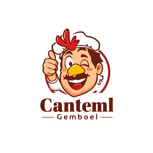 AI Design for change to chef became like cartoon with commercial acting and the name of logo is Canteen Gemboel. Change the face with chicken and the text must be correct Canteen Gemboel. the maskot change instead using thumbs up and the looks from right side. Make simple but looks good. The thumbs up just one hand. And proporation of size text is like 3:2