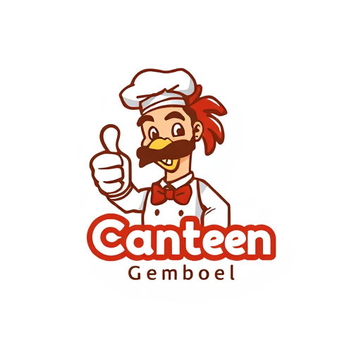 AI Design for change to chef became like cartoon with commercial acting and the name of logo is Canteen Gemboel. Change the face with chicken and the text must be correct Canteen Gemboel. the maskot change instead using thumbs up and the looks from right side. Make simple but looks good. The thumbs up just one hand. And proporation of size text is like 3:2