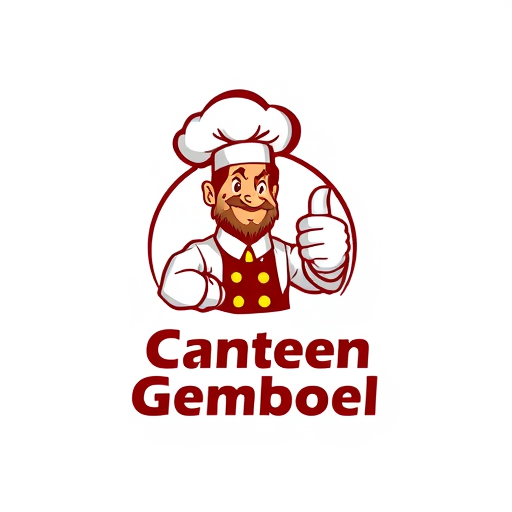 AI Design for change to chef became like cartoon with commercial acting and the name of logo is Canteen Gemboel. Change the face with chicken and the text must be correct Canteen Gemboel. the maskot change instead using thumbs up and the looks from right side. Make simple but looks good. The thumbs up just one hand. And proporation of size text is like 3:2