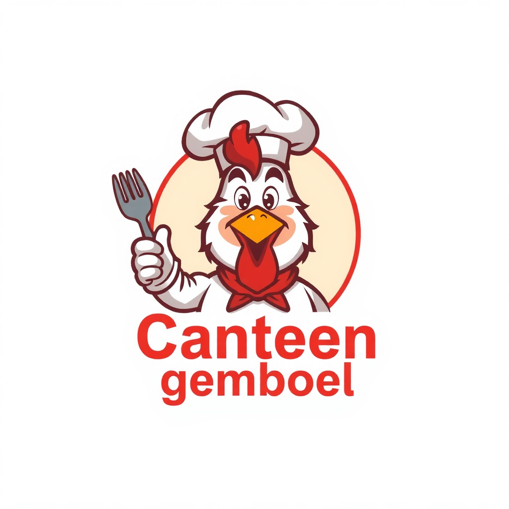 AI Design for change to chef became like cartoon with commercial acting and the name of logo is Canteen Gemboel. Change the face with chicken and the text must be correct Canteen Gemboel