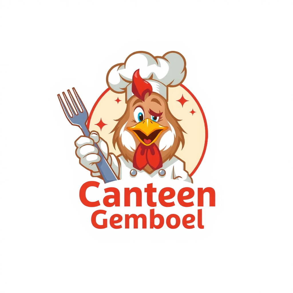AI Design for change to chef became like cartoon with commercial acting and the name of logo is Canteen Gemboel. Change the face with chicken and the text must be correct Canteen Gemboel