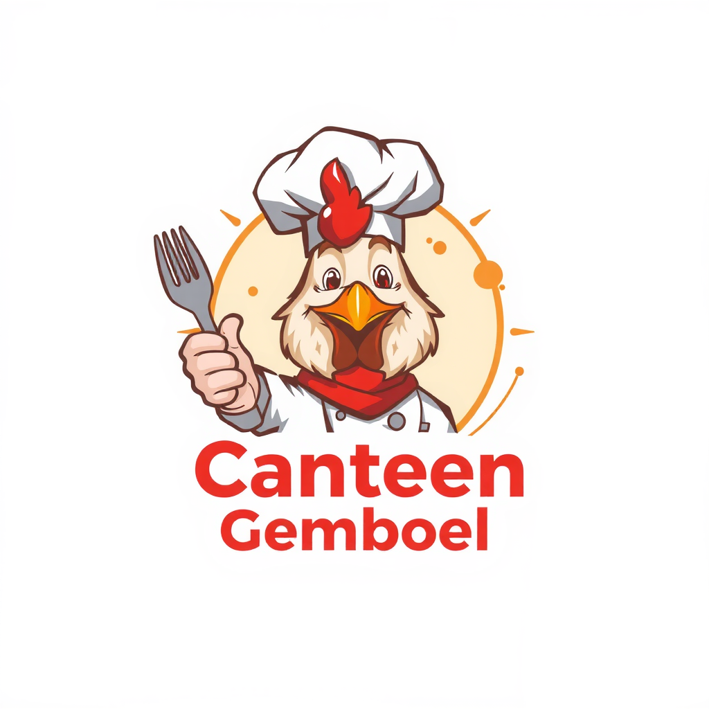 AI Design for change to chef became like cartoon with commercial acting and the name of logo is Canteen Gemboel. Change the face with chicken and the text must be correct Canteen Gemboel
