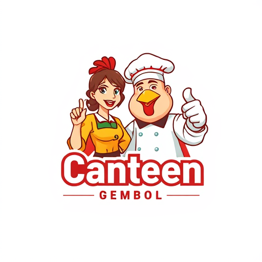 AI Design for change to chef became like cartoon with commercial acting and the name of logo is Canteen Gemboel. Change the face with chicken and the text must be correct Canteen Gemboel. the maskot change instead using thumbs up and the looks from right side. Make simple but looks good. The thumbs up just one hand. And proporation of size text is like 3:2. In Logo have 2 people with have looks fat stomach. The gender is woman and man and with face looks like chicken