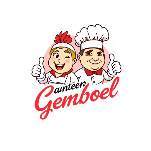 AI Design for change to chef became like cartoon with commercial acting and the name of logo is Canteen Gemboel. Change the face with chicken and the text must be correct Canteen Gemboel. the maskot change instead using thumbs up and the looks from right side. Make simple but looks good. The thumbs up just one hand. And proporation of size text is like 3:2. In Logo have 2 people with have looks fat stomach. The gender is woman and man and with face looks like chicken