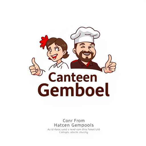 AI Design for change to chef became like cartoon with commercial acting and the name of logo is Canteen Gemboel. Change the face with chicken and the text must be correct Canteen Gemboel. the maskot change instead using thumbs up and the looks from right side. Make simple but looks good. The thumbs up just one hand. And proporation of size text is like 3:2. In Logo have 2 people with have looks fat stomach. The gender is woman and man and with face looks like chicken