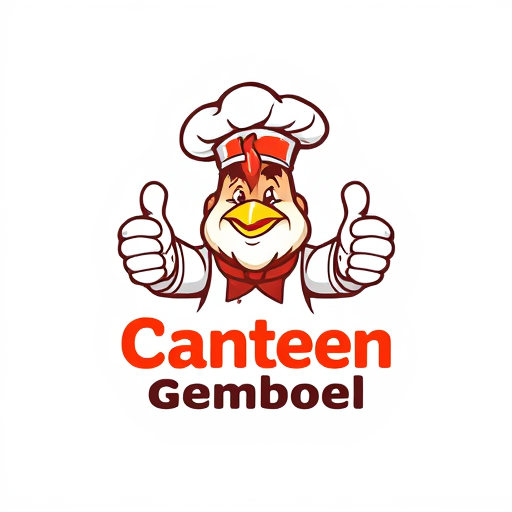 AI Design for change to chef became like cartoon with commercial acting and the name of logo is Canteen Gemboel. Change the face with chicken and the text must be correct Canteen Gemboel. the maskot change instead using thumbs up and the looks from right side. Make simple but looks good
