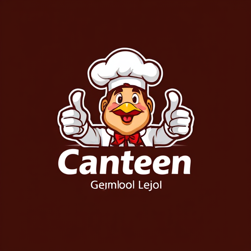 AI Design for change to chef became like cartoon with commercial acting and the name of logo is Canteen Gemboel. Change the face with chicken and the text must be correct Canteen Gemboel. the maskot change instead using thumbs up and the looks from right side. Make simple but looks good