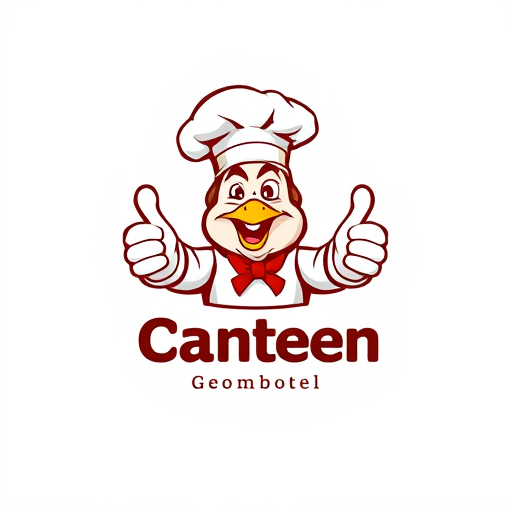 AI Design for change to chef became like cartoon with commercial acting and the name of logo is Canteen Gemboel. Change the face with chicken and the text must be correct Canteen Gemboel. the maskot change instead using thumbs up and the looks from right side. Make simple but looks good