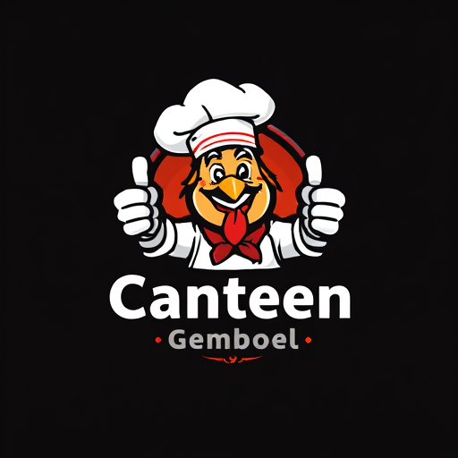 AI Design for change to chef became like cartoon with commercial acting and the name of logo is Canteen Gemboel. Change the face with chicken and the text must be correct Canteen Gemboel. the maskot change instead using thumbs up and the looks from right side. Make simple but looks good