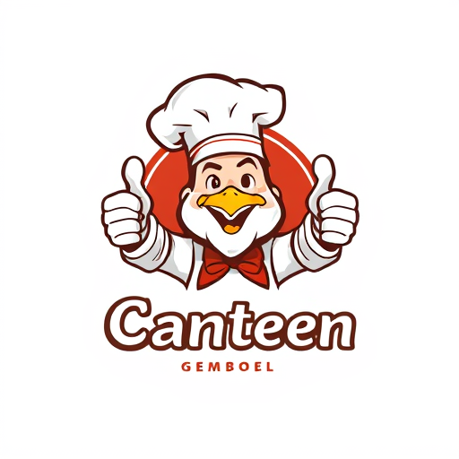 AI Design for change to chef became like cartoon with commercial acting and the name of logo is Canteen Gemboel. Change the face with chicken and the text must be correct Canteen Gemboel. the maskot change instead using thumbs up and the looks from right side. Make simple but looks good