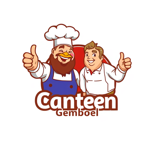 AI Design for change to chef became like cartoon with commercial acting and the name of logo is Canteen Gemboel. Change the face with chicken and the text must be correct Canteen Gemboel. the maskot change instead using thumbs up and the looks from right side. Make simple but looks good. The thumbs up just one hand. And proporation of size text is like 3:2. In Logo have 2 people with have looks fat stomach