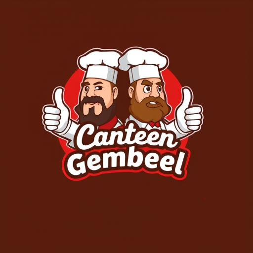 AI Design for change to chef became like cartoon with commercial acting and the name of logo is Canteen Gemboel. Change the face with chicken and the text must be correct Canteen Gemboel. the maskot change instead using thumbs up and the looks from right side. Make simple but looks good. The thumbs up just one hand. And proporation of size text is like 3:2. In Logo have 2 people with have looks fat stomach