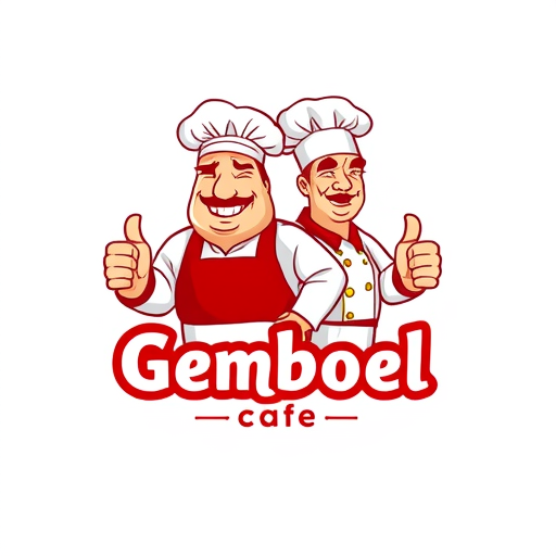 AI Design for change to chef became like cartoon with commercial acting and the name of logo is Canteen Gemboel. Change the face with chicken and the text must be correct Canteen Gemboel. the maskot change instead using thumbs up and the looks from right side. Make simple but looks good. The thumbs up just one hand. And proporation of size text is like 3:2. In Logo have 2 people with have looks fat stomach