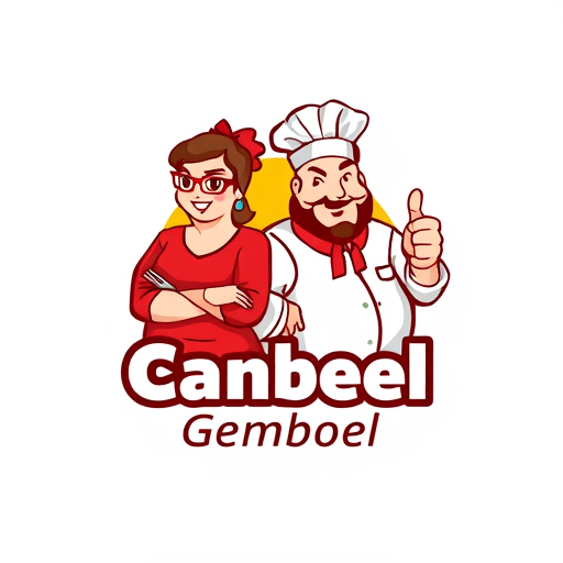 AI Design for change to chef became like cartoon with commercial acting and the name of logo is Canteen Gemboel. Change the face with chicken and the text must be correct Canteen Gemboel. the maskot change instead using thumbs up and the looks from right side. Make simple but looks good. The thumbs up just one hand. And proporation of size text is like 3:2. In Logo have 2 people with have looks fat stomach. The gender is woman and man and with face looks like chicken. Woman is Very Fat and The Man too