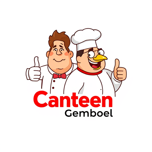 AI Design for change to chef became like cartoon with commercial acting and the name of logo is Canteen Gemboel. Change the face with chicken and the text must be correct Canteen Gemboel. the maskot change instead using thumbs up and the looks from right side. Make simple but looks good. The thumbs up just one hand. And proporation of size text is like 3:2. In Logo have 2 people with have looks fat stomach. The gender is woman and man and with face looks like chicken. Woman is Very Fat and The Man too