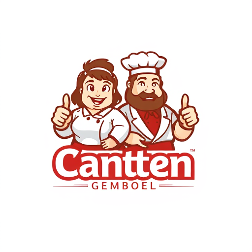 AI Design for change to chef became like cartoon with commercial acting and the name of logo is Canteen Gemboel. Change the face with chicken and the text must be correct Canteen Gemboel. the maskot change instead using thumbs up and the looks from right side. Make simple but looks good. The thumbs up just one hand. And proporation of size text is like 3:2. In Logo have 2 people with have looks fat stomach. The gender is woman and man and with face looks like chicken. Woman is Very Fat and The Man too