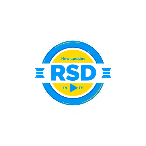 AI Design for Create a flat vector, illustrative-style emblem logo design for a social media channel named 'New updates RSD', where 'RSD' is encased within a circular badge, incorporating a video play button motif to emphasize the video aspect. Use bold blue and yellow colors to highlight energy and creativity against a white background. Do not show any realistic photo detail shading.