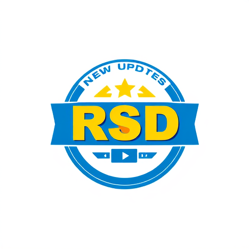 AI Design for Create a flat vector, illustrative-style emblem logo design for a social media channel named 'New updates RSD', where 'RSD' is encased within a circular badge, incorporating a video play button motif to emphasize the video aspect. Use bold blue and yellow colors to highlight energy and creativity against a white background. Do not show any realistic photo detail shading.