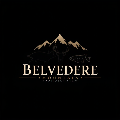 AI Design for Create a logo for Business Name “Belvedere Mountain Taxidermy”, Business Products / Services “Taxidermy & tanning services on a variety of game including large game, small game, fish and birds”, specific type of graphical element i would want to see in logo “Mountain range in the back, with a deer silhouette, fish silhouette, Turkey silhouette”, specific type of color i would want to see in Logo “Mostly black”, Look and Feel of Logo “Professional”
