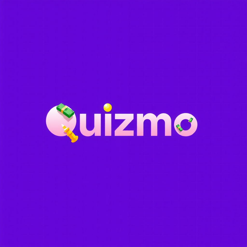 AI Design for Design a modern and vibrant logo for a trivia game called ‘Quizmo.’ The logo prominently features the word ‘Quizmo’ in a bold and clean Clash Grotesk typeface. The color palette includes a purple gradient as the base, complemented by gold and yellow accents to symbolize rewards and prizes. Integrate a creative combination of a question mark with elements like a dollar sign or a stack of cash. The design should convey excitement, competition, and success, with a minimalist and professional aesthetic that highlights the reward-driven nature of the game.