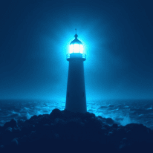 AI Design for A lighthouse shining in semi-darkness in the midst of roaring sea. Blue color, simple style, minimalistic