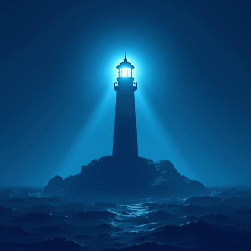AI Design for A lighthouse shining in semi-darkness in the midst of roaring sea. Blue color, simple style, minimalistic