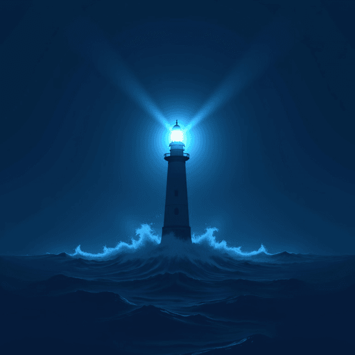 AI Design for A lighthouse shining in semi-darkness in the midst of roaring sea. Blue color, simple style, minimalistic