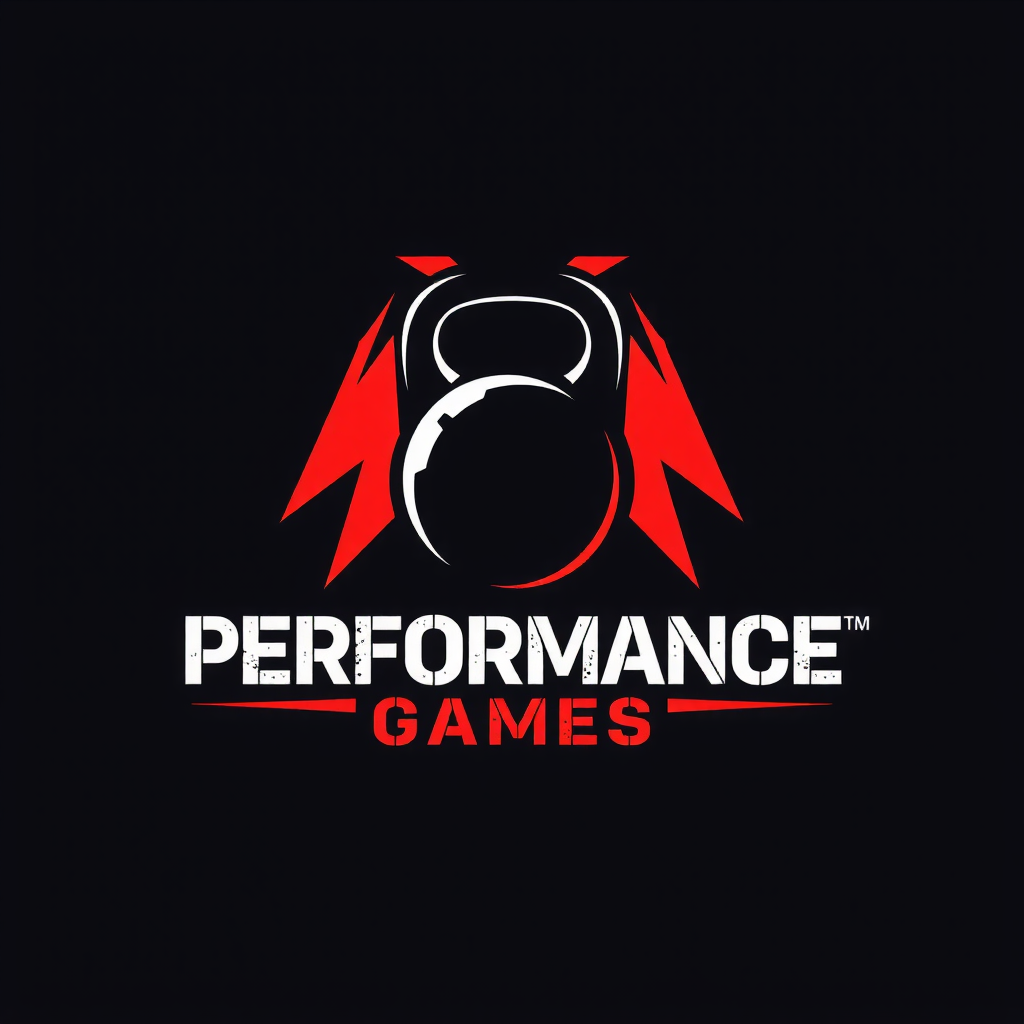 AI Design for I'm looking to design a modern logo for my Cross Fit shop. The theme should be strong and impactful with vibrant tones. Please include a custom kettlebell icon and a clean sans-serif font for the text.name is Performance Games.