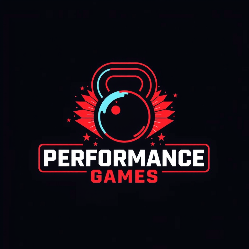 AI Design for I'm looking to design a modern logo for my Cross Fit shop. The theme should be strong and impactful with vibrant tones. Please include a custom kettlebell icon and a clean sans-serif font for the text.name is Performance Games.