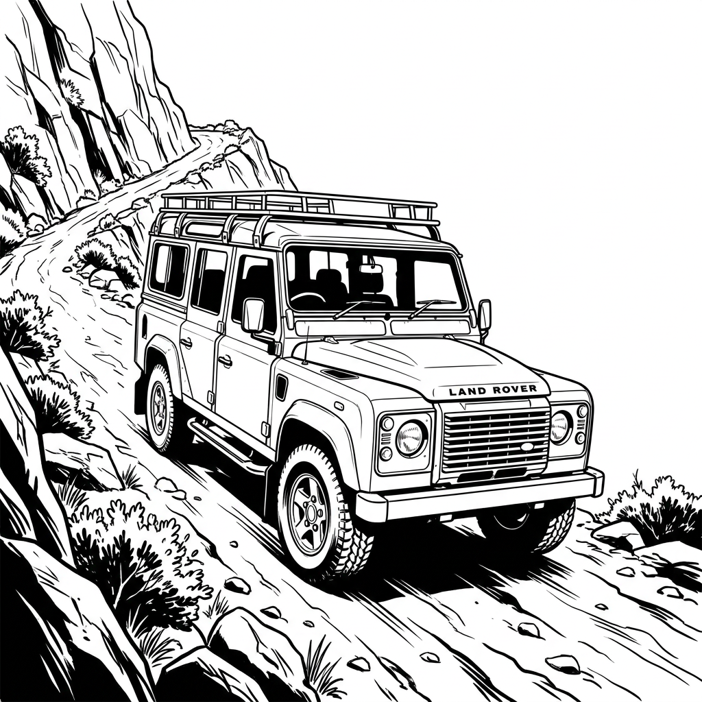 AI Design for A Land Rover Defender identical to the one in the reference, front three-quarter view, climbing a steep mountain road diagonally towards the top left, empty vehicle, no passengers, clean aesthetic, cinematic lighting
 Coloring book page, black and white line art, clean sketch. A Land Rover Defender identical to the reference, front three-quarter view, climbing a steep mountain road diagonally towards the top left, empty vehicle, no passengers, high contrast, clean bold outlines, white background