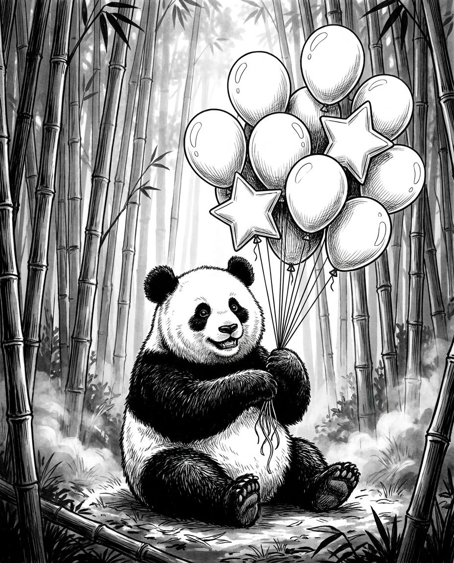AI Design for A charming and whimsical black and white illustration of a cute panda sitting in a dense, misty bamboo forest, holding a bundle of festive birthday balloons. The scene is rendered in a high-contrast ink drawing style with soft dappled light filtering through the stalks, emphasizing the textures of the panda's fur and the smooth, rounded balloons.
