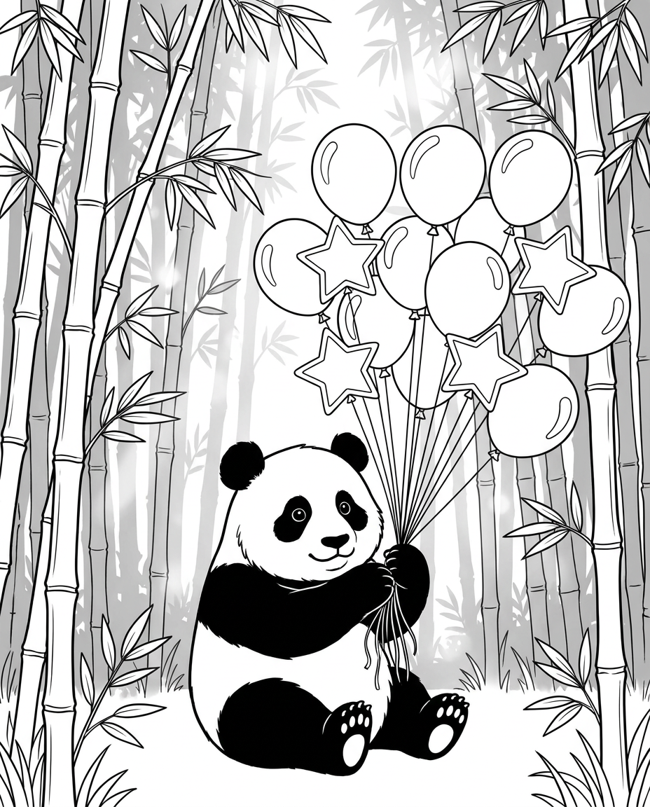 AI Design for A charming and whimsical coloring book illustration featuring a cute panda sitting in a dense, misty bamboo forest, holding a bundle of festive birthday balloons. The design uses clean, bold black outlines on a pure white background with professional-grade ink textures and ample open space for coloring. The composition captures a magical, serene atmosphere with soft, dappled light patterns filtering through the bamboo stalks.