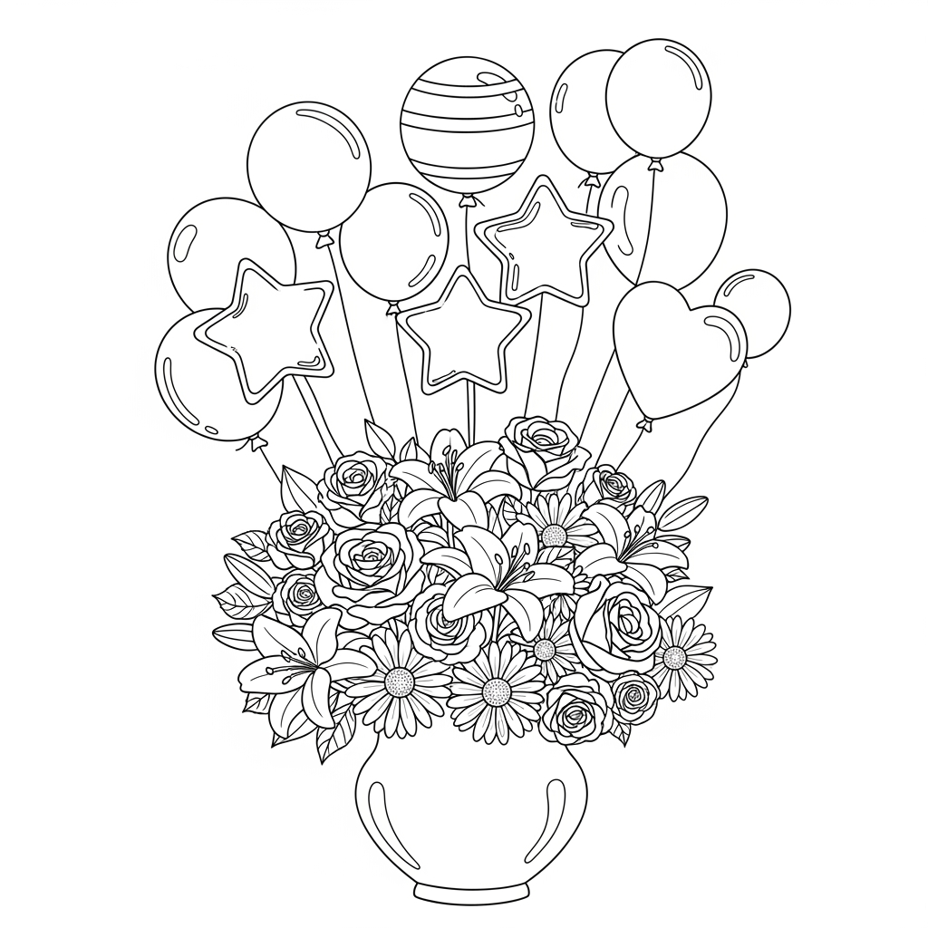 AI Design for A high-contrast, clean black and white line art illustration designed for coloring, featuring a festive birthday arrangement of blooming flowers and floating balloons. The composition is clear and open with bold outlines, no shading, and a white background, perfect for a coloring page.