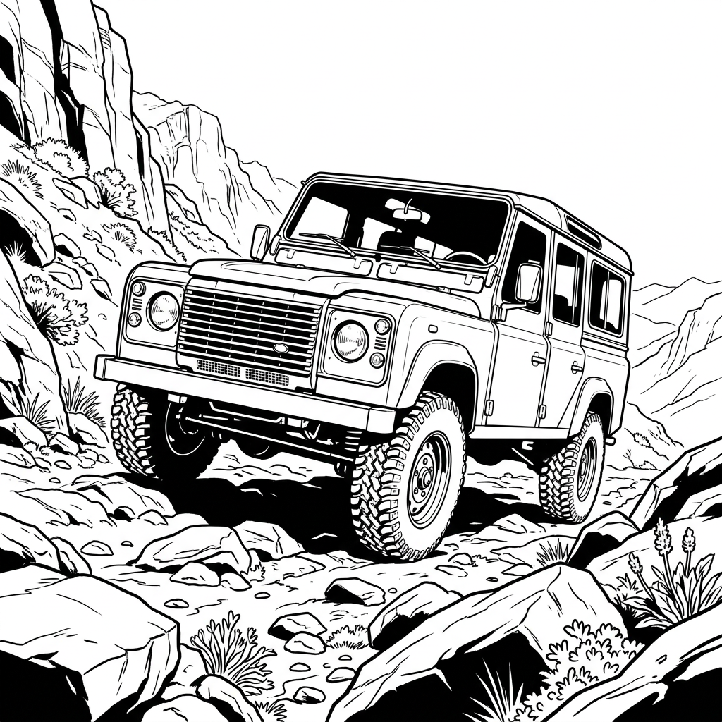 AI Design for A clean, high-contrast black and white line art coloring book illustration of a 1992  110 Land Rover Defender navigating a steep, rugged rocky mountain trail. The drawing features bold outlines, minimal shading, and crisp white negative space, capturing the classic boxy silhouette of the vehicle with detailed tire treads and mountain textures. "Front three-quarter view of a car driving diagonally upward towards the top left, steep mountain road, cinematic lighting."