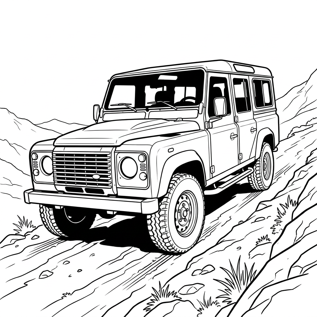 AI Design for A Land Rover Defender identical to the one in the reference, front three-quarter view, climbing a steep mountain road diagonally towards the top left, empty vehicle, no passengers, clean aesthetic, cinematic lighting
 Coloring book page, black and white line art, clean sketch. A Land Rover Defender identical to the reference, front three-quarter view, climbing a steep mountain road diagonally towards the top left, empty vehicle, no passengers, high contrast, clean bold outlines, white background