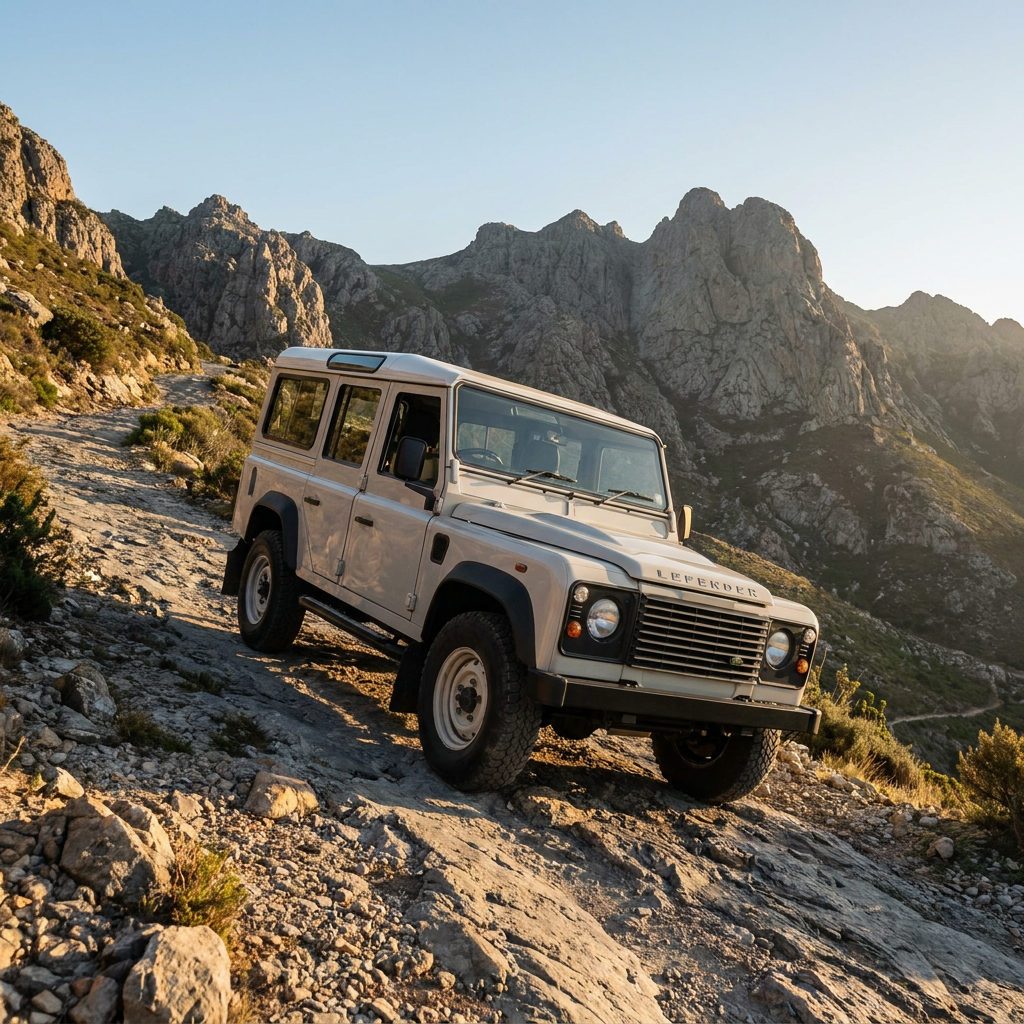 AI Design for A Land Rover Defender identical to the one in the reference, front three-quarter view, climbing a steep mountain road diagonally towards the top left, empty vehicle, no passengers, clean aesthetic, cinematic lighting
