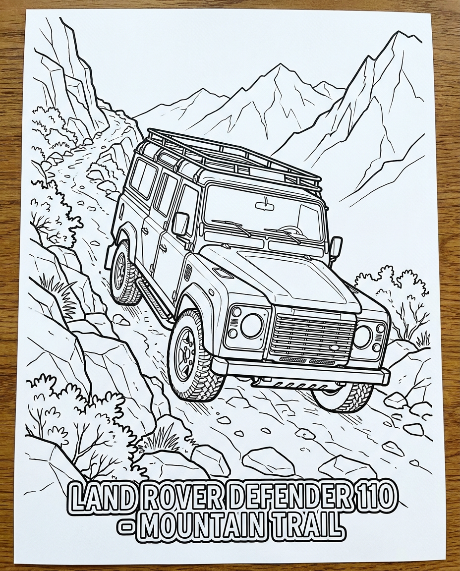 AI Design for A clean, high-contrast black and white line art coloring book illustration of a 1992  110 Land Rover Defender navigating a steep, rugged rocky mountain trail. The drawing features bold outlines, minimal shading, and crisp white negative space, capturing the classic boxy silhouette of the vehicle with detailed tire treads and mountain textures. "Front three-quarter view of a car driving diagonally upward towards the top left, steep mountain road, cinematic lighting."