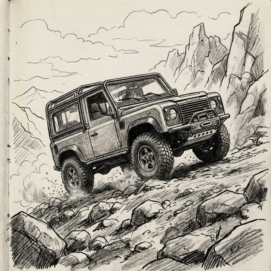 AI Design for create land rover defender 1992 black and white drawing. driving up rocky mountain