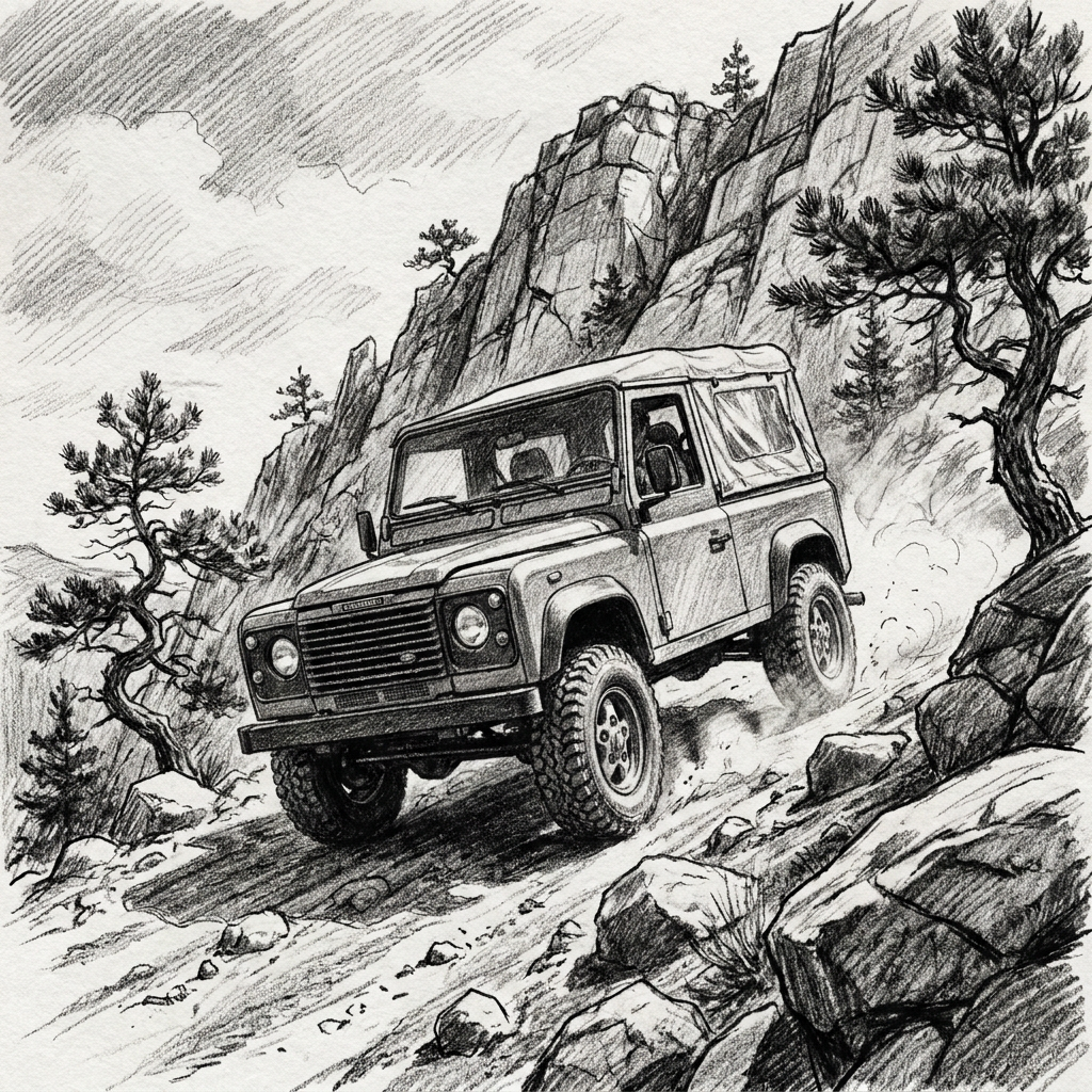 AI Design for create land rover defender 1992 black and white drawing. driving up rocky mountain